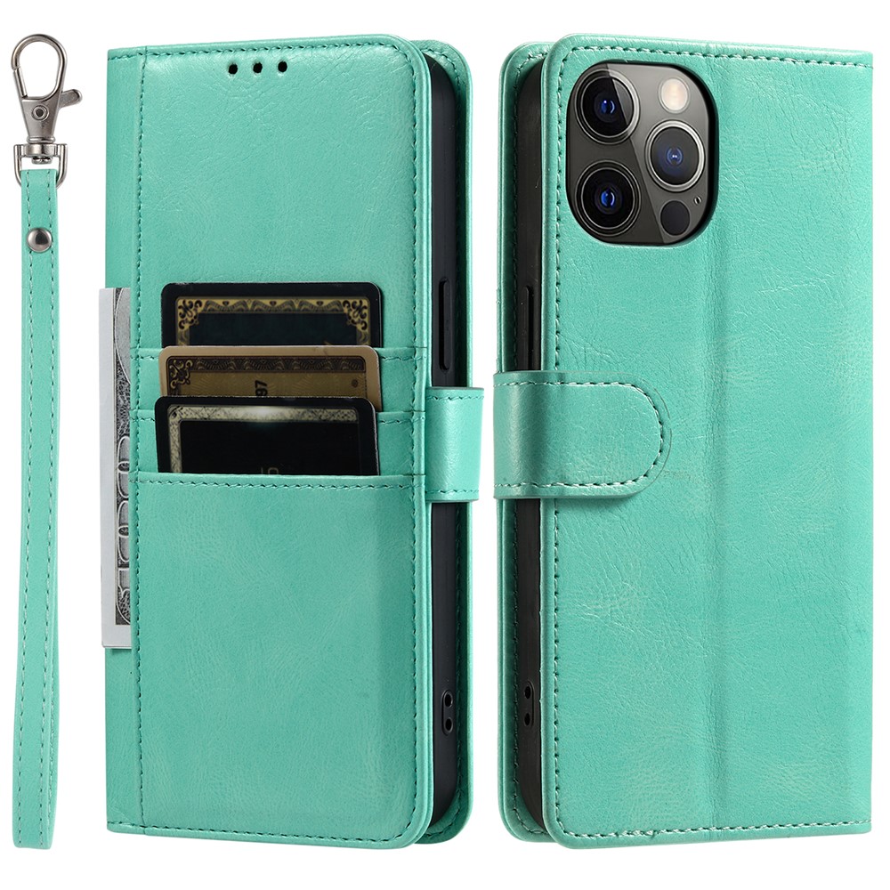 013 Style For iPhone 12 6.1 inch Phone Case Leather 6 Card Slots Cover with Wrist Strap - Mint Green