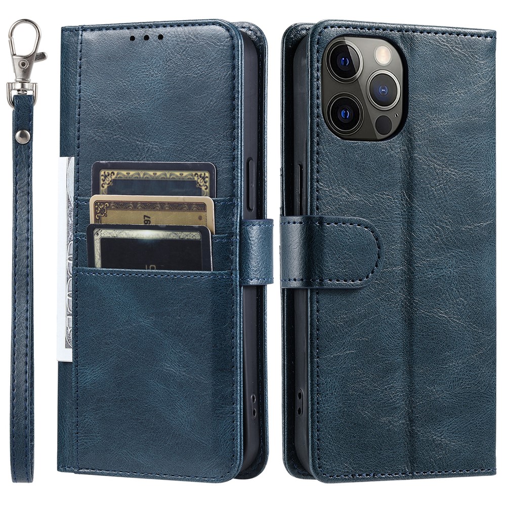 013 Style For iPhone 12 6.1 inch Phone Case Leather 6 Card Slots Cover with Wrist Strap - Blackish Green