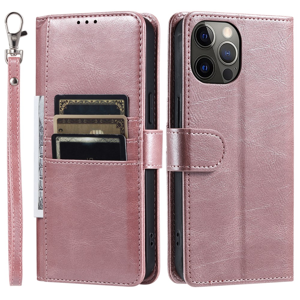 013 Style For iPhone 12 6.1 inch Phone Case Leather 6 Card Slots Cover with Wrist Strap - Rose Gold