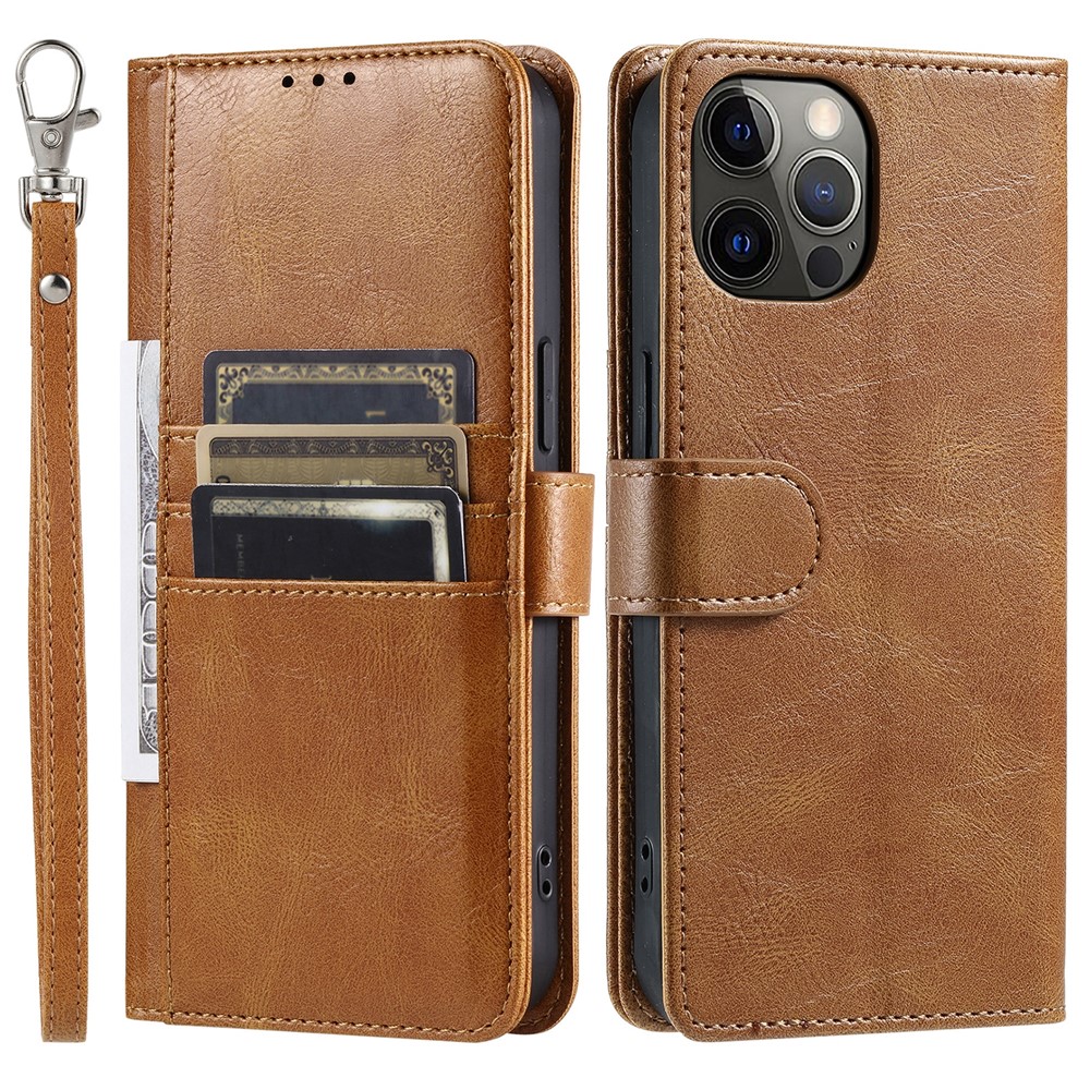 013 Style For iPhone 12 6.1 inch Phone Case Leather 6 Card Slots Cover with Wrist Strap - Brown
