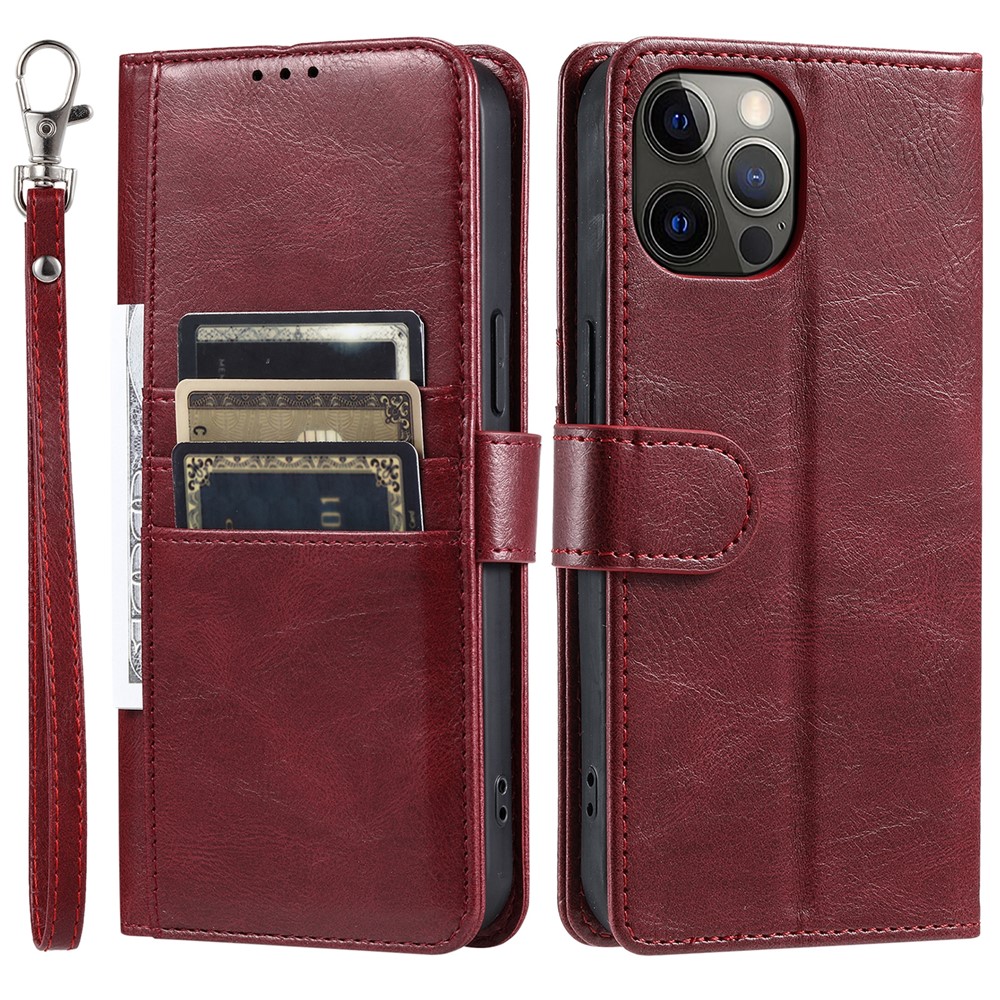 013 Style For iPhone 12 6.1 inch Phone Case Leather 6 Card Slots Cover with Wrist Strap - Wine Red