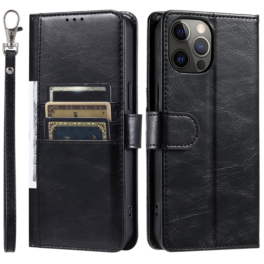 013 Style For iPhone 12 6.1 inch Phone Case Leather 6 Card Slots Cover with Wrist Strap - Black