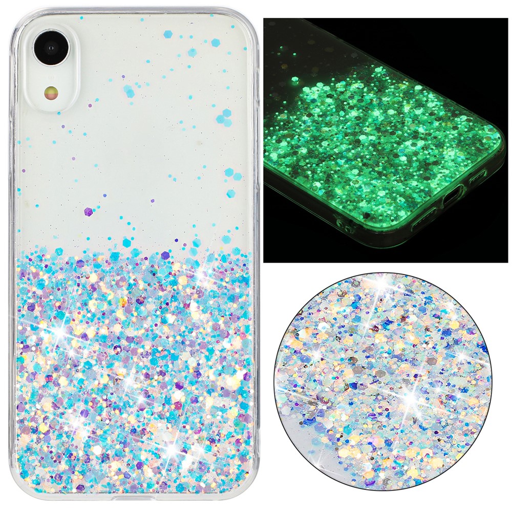 For iPhone XR Shockproof Phone Case Epoxy Glitter Sparkle Luminous TPU Phone Cover - White