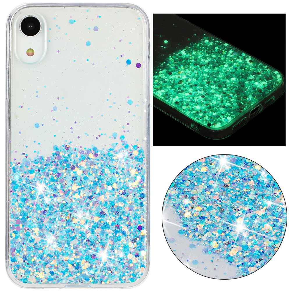 For iPhone XR Shockproof Phone Case Epoxy Glitter Sparkle Luminous TPU Phone Cover - Blue