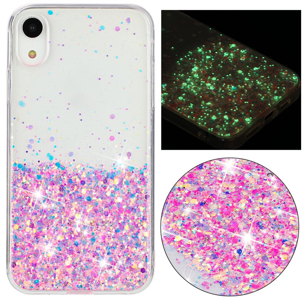 For iPhone XR Shockproof Phone Case Epoxy Glitter Sparkle Luminous TPU Phone Cover - Pink
