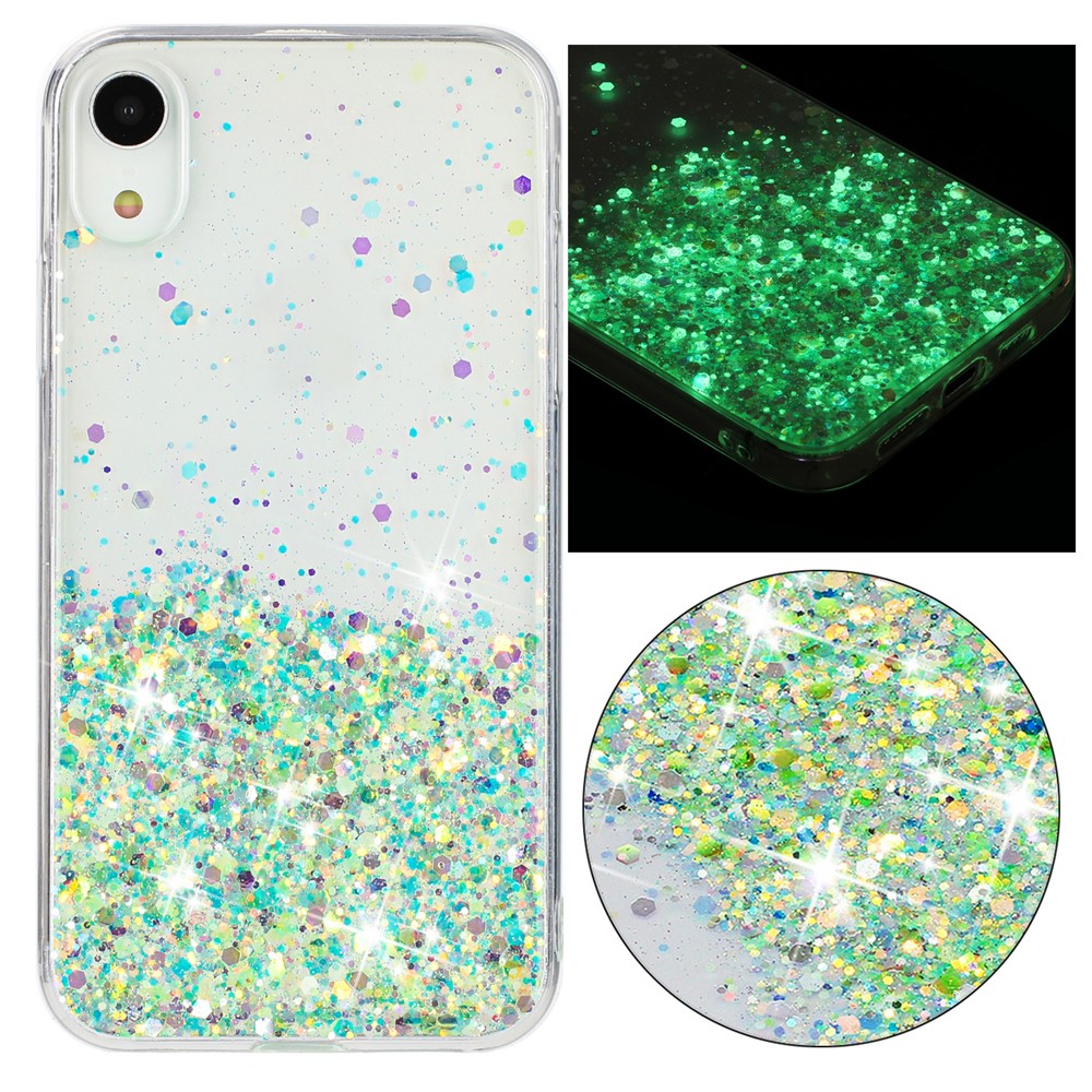 For iPhone XR Shockproof Phone Case Epoxy Glitter Sparkle Luminous TPU Phone Cover - Green