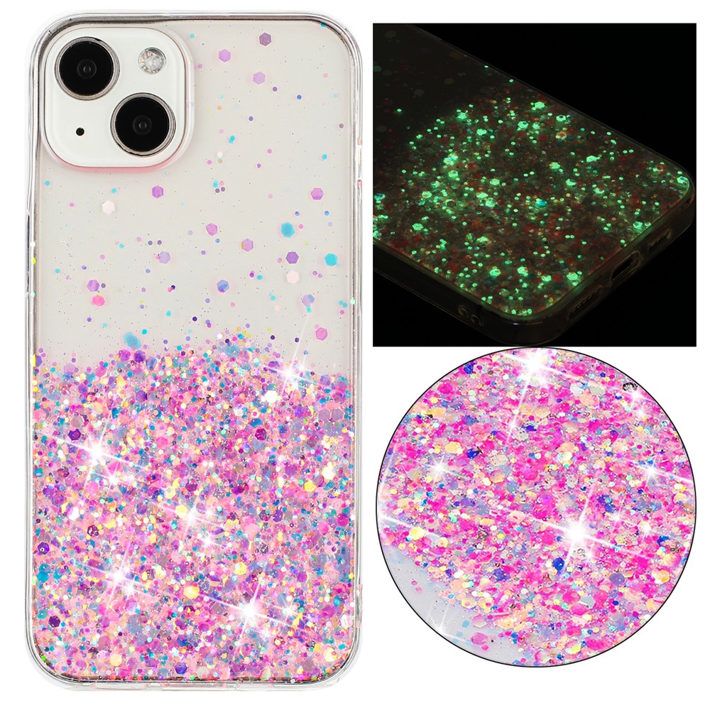 Phone Cover for iPhone 15 Plus TPU Cases Anti-Scratch Epoxy Glitter Sparkle Luminous Phone Shell - Pink