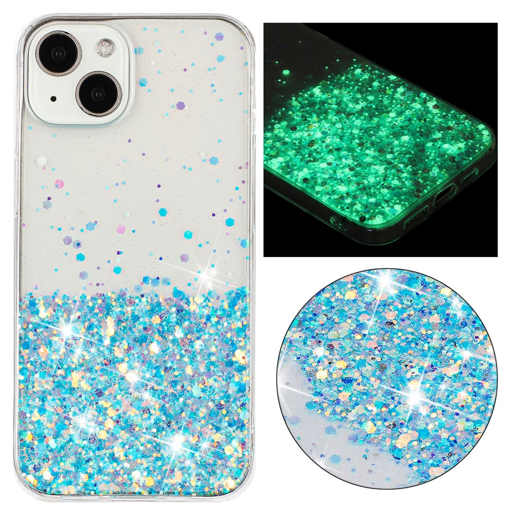 Phone Cover for iPhone 15 Plus TPU Cases Anti-Scratch Epoxy Glitter Sparkle Luminous Phone Shell - Blue