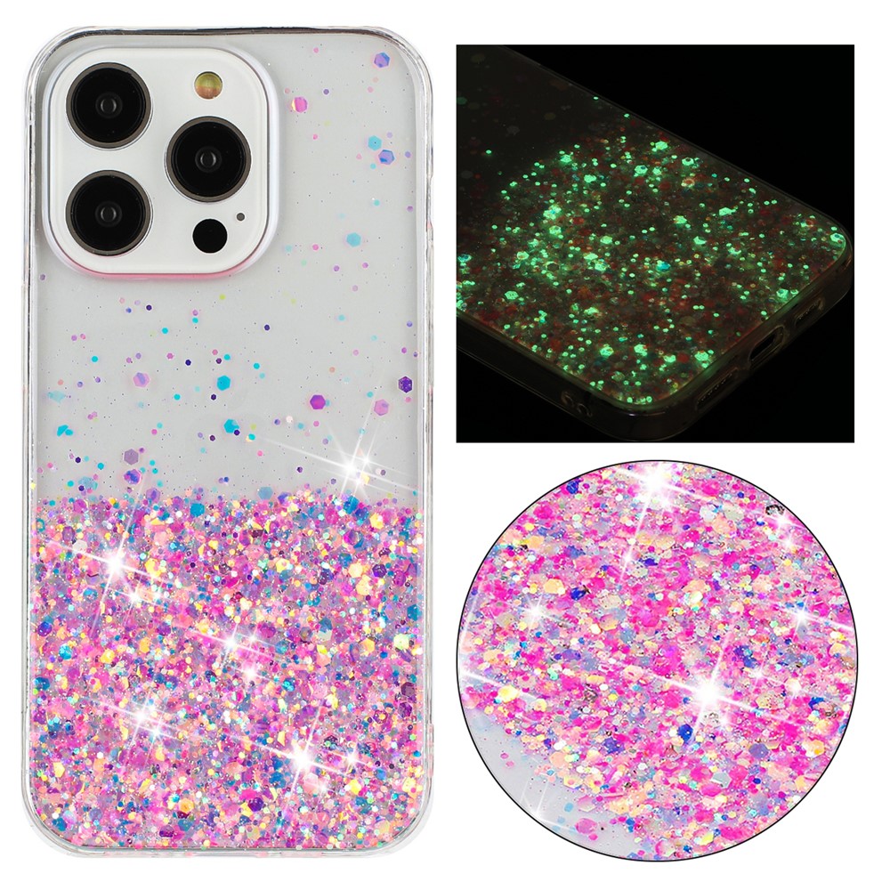 Luminous Phone Cover for iPhone 13 Pro TPU Cases Anti-Scratch Epoxy Glitter Sparkle Phone Shell - Pink