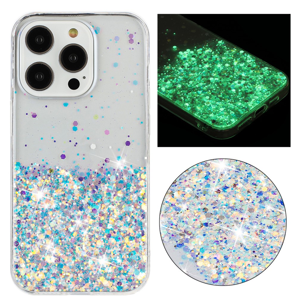 Luminous Phone Cover for iPhone 13 Pro TPU Cases Anti-Scratch Epoxy Glitter Sparkle Phone Shell - White