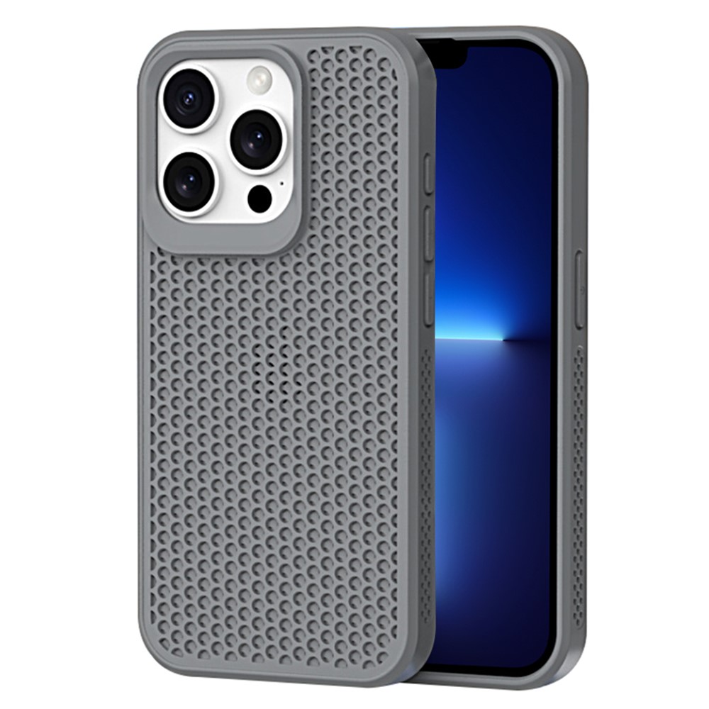 For iPhone 13 Pro Max Phone Case Heat Dissipation Breathable Cooling Hollow PC+TPU Cover - Grey