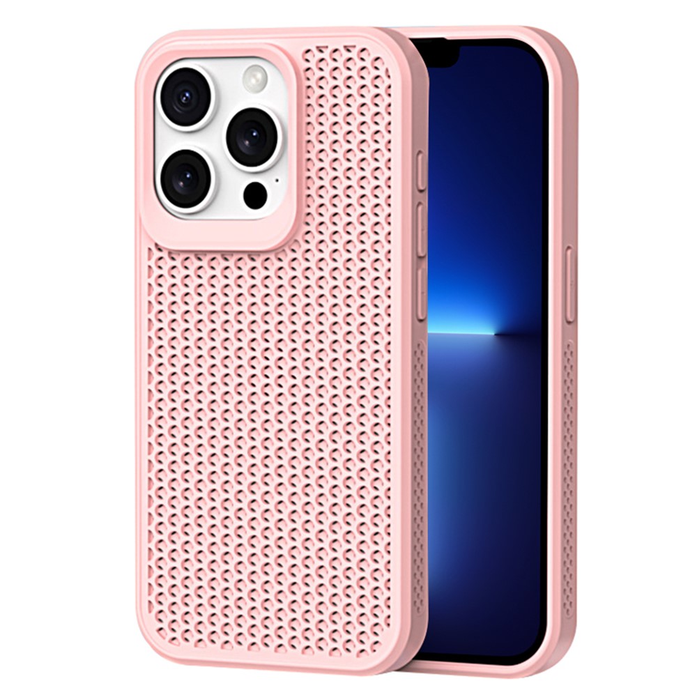 For iPhone 13 Pro Max Phone Case Heat Dissipation Breathable Cooling Hollow PC+TPU Cover - Pink