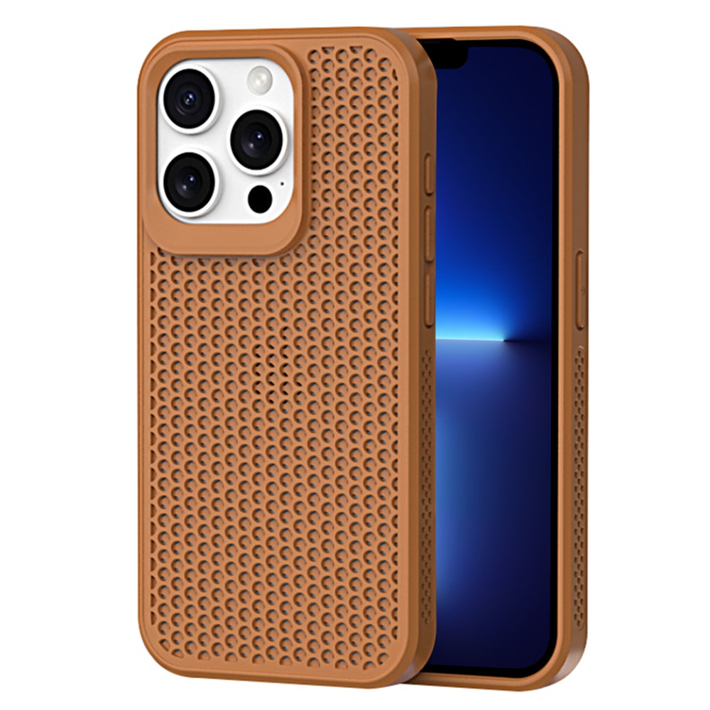For iPhone 13 Pro Max Phone Case Heat Dissipation Breathable Cooling Hollow PC+TPU Cover - Brown