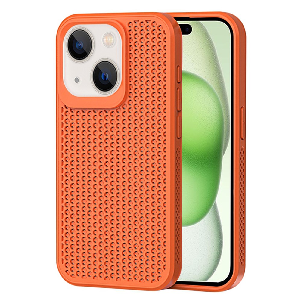 For iPhone 15 Plus Case Breathable Heat Dissipation Hollow PC+TPU Hybrid Phone Cover - Orange