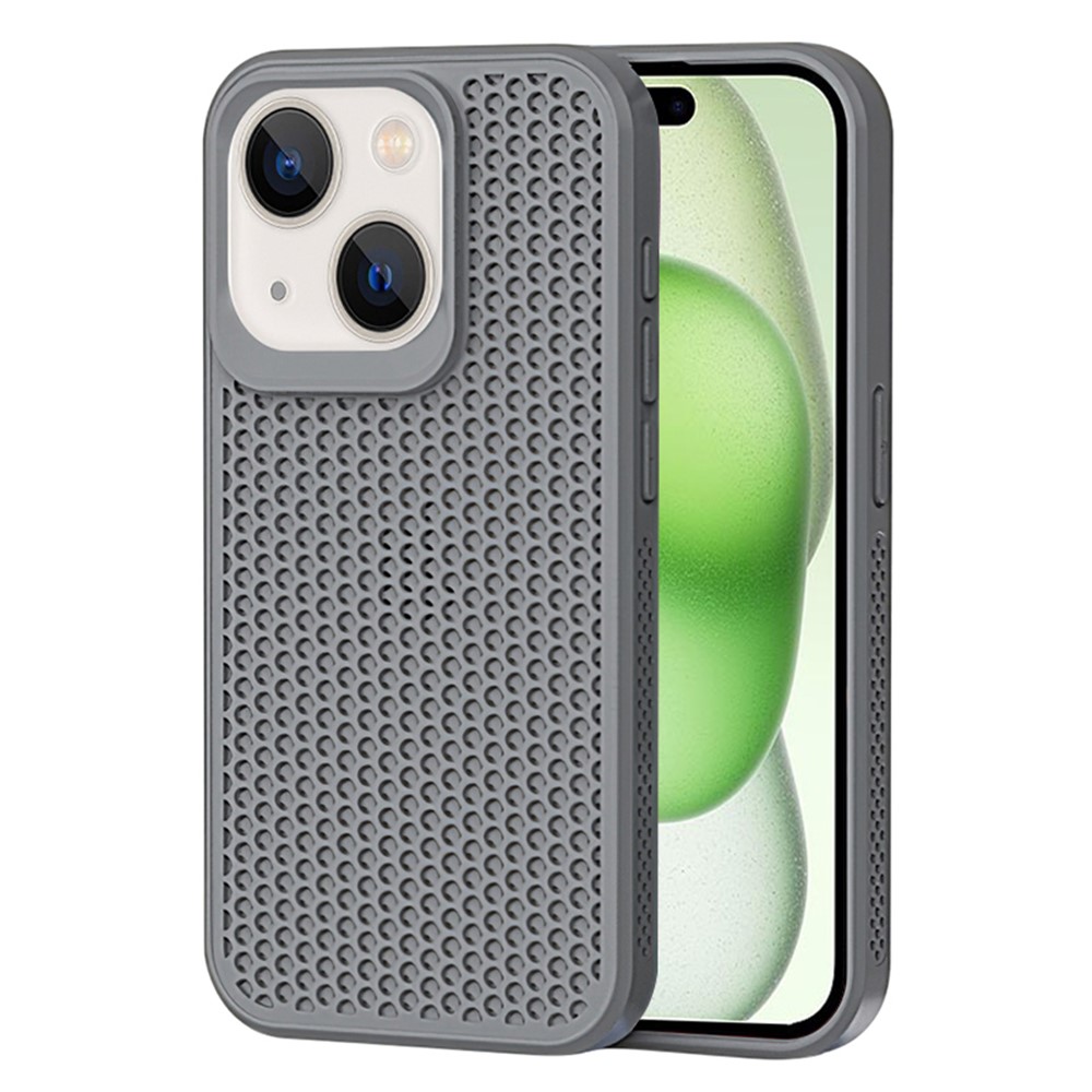 For iPhone 15 Plus Case Breathable Heat Dissipation Hollow PC+TPU Hybrid Phone Cover - Grey