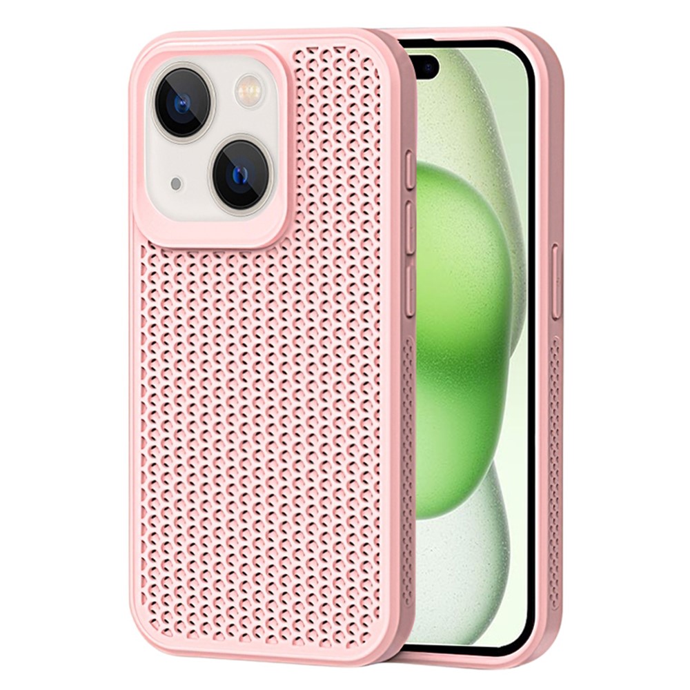 For iPhone 15 Plus Case Breathable Heat Dissipation Hollow PC+TPU Hybrid Phone Cover - Pink