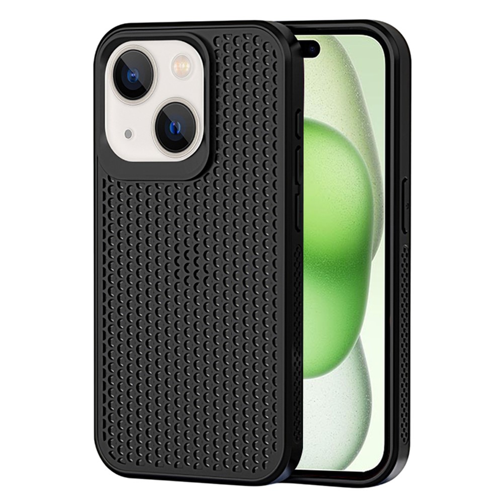 For iPhone 15 Plus Case Breathable Heat Dissipation Hollow PC+TPU Hybrid Phone Cover - Black