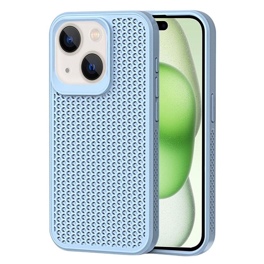 For iPhone 15 Plus Case Breathable Heat Dissipation Hollow PC+TPU Hybrid Phone Cover - Blue