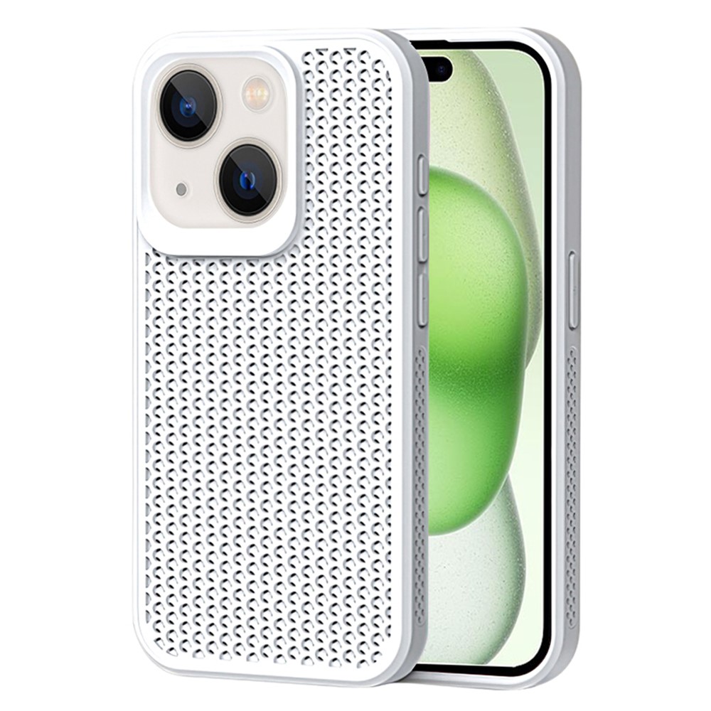 For iPhone 15 Plus Case Breathable Heat Dissipation Hollow PC+TPU Hybrid Phone Cover - White