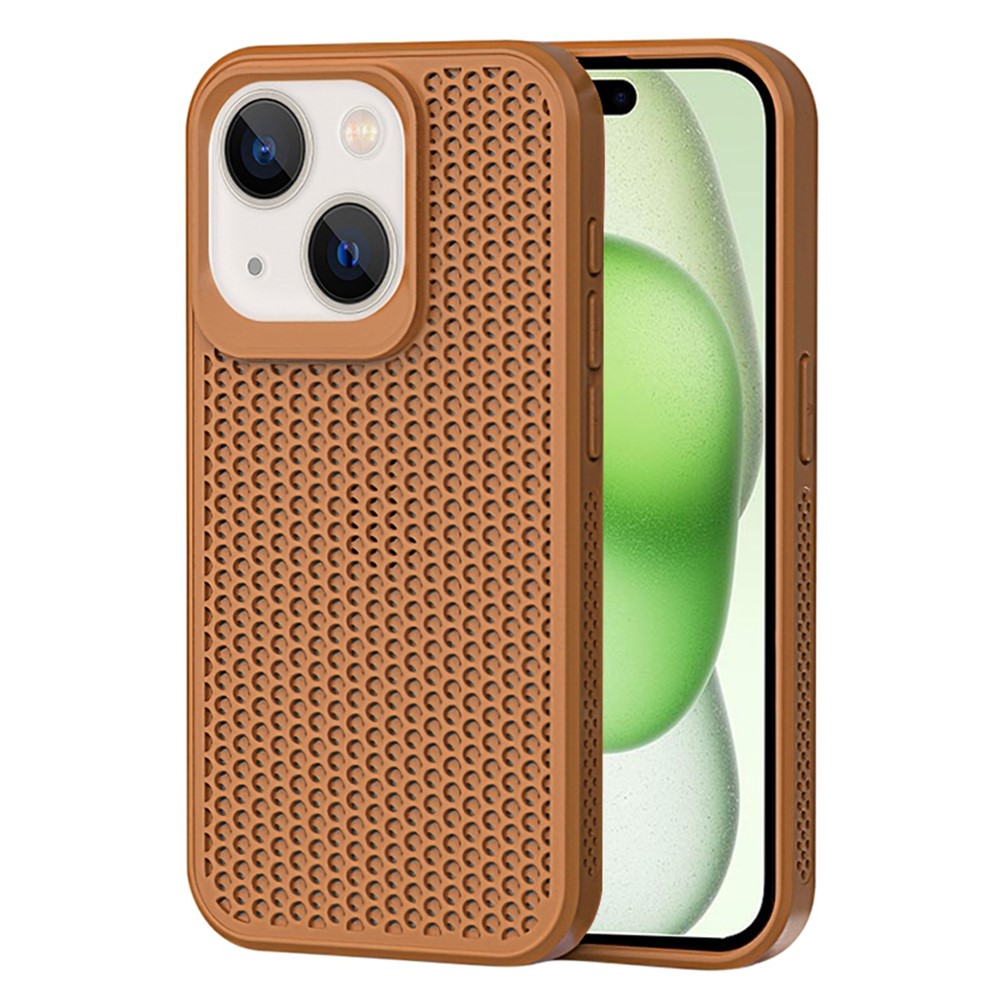 For iPhone 15 Plus Case Breathable Heat Dissipation Hollow PC+TPU Hybrid Phone Cover - Brown