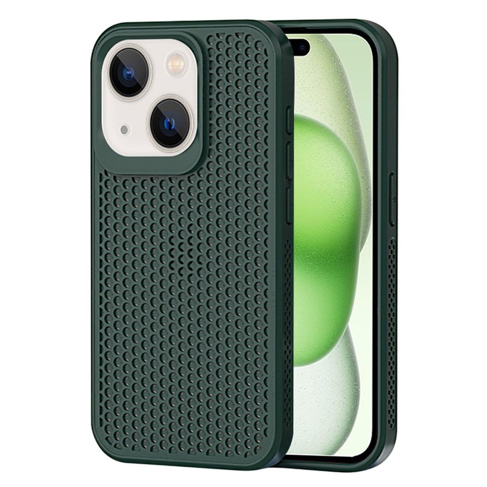 For iPhone 15 Plus Case Breathable Heat Dissipation Hollow PC+TPU Hybrid Phone Cover - Midnight Green