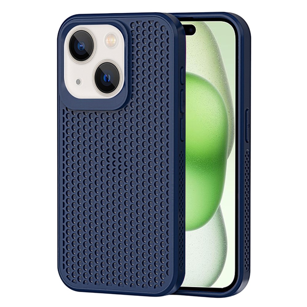 For iPhone 15 Plus Case Breathable Heat Dissipation Hollow PC+TPU Hybrid Phone Cover - Sapphire