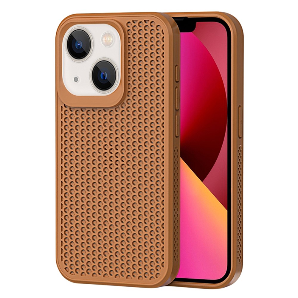 For iPhone 14 Plus Case PC+TPU Anti-drop Phone Cover Breathable Heat Dissipation - Brown