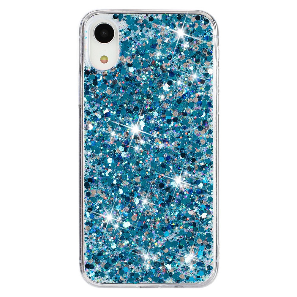 For iPhone XR 6.1 inch TPU Cell Phone Case Drop Protection Epoxy Glittery Sequins Cover - Blue