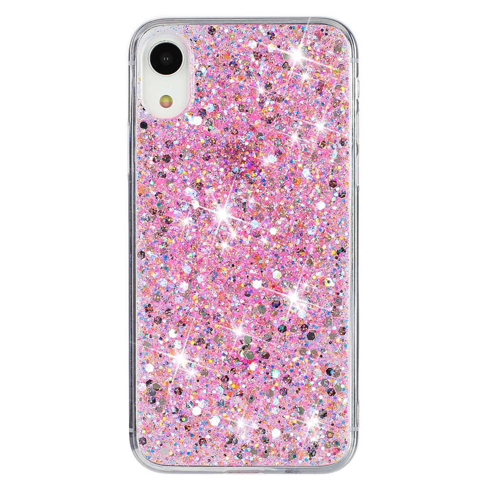 For iPhone XR 6.1 inch TPU Cell Phone Case Drop Protection Epoxy Glittery Sequins Cover - Pink