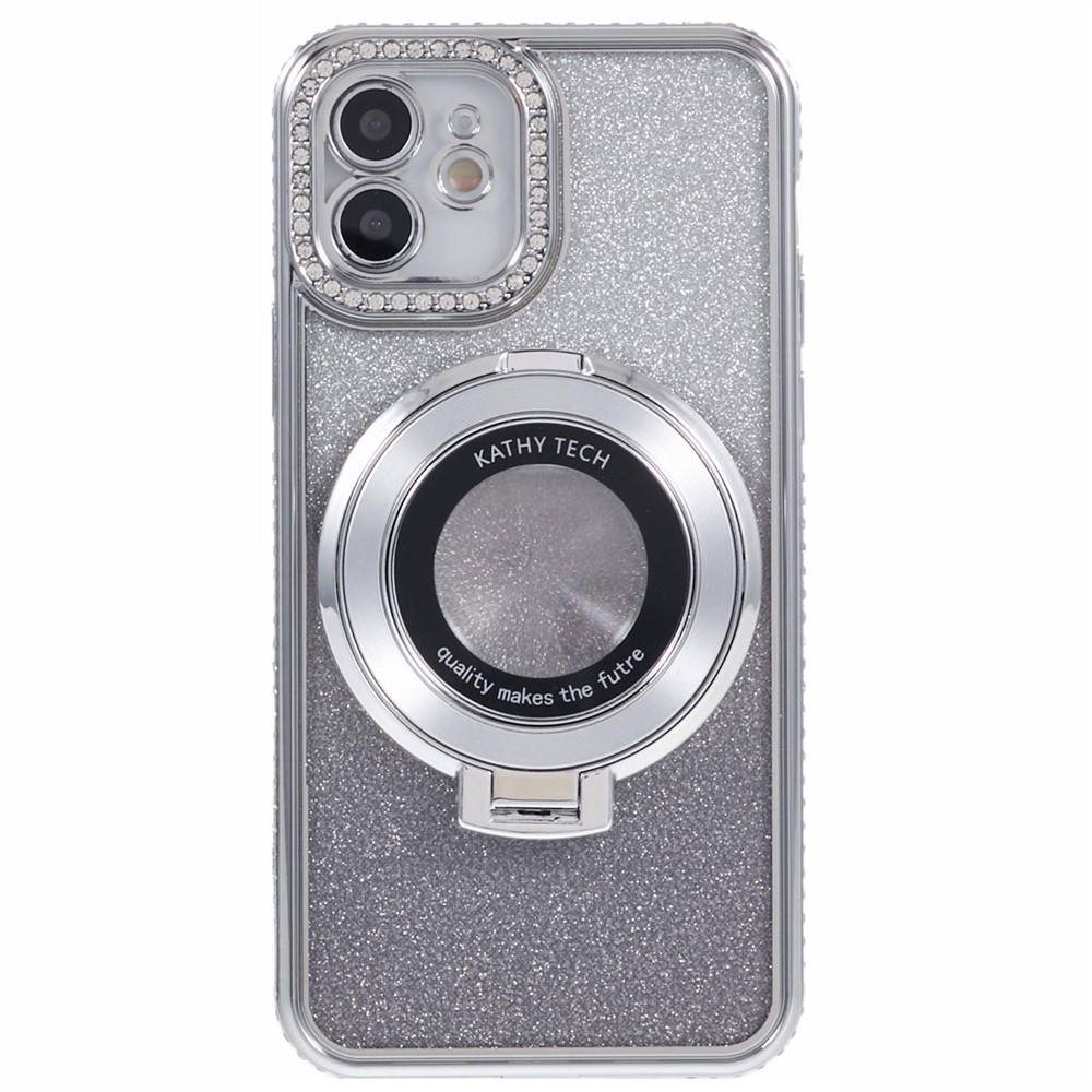 For iPhone 12 TPU Case Gradient Rhinestone Ornament Back Phone Cover with Kickstand - Silver