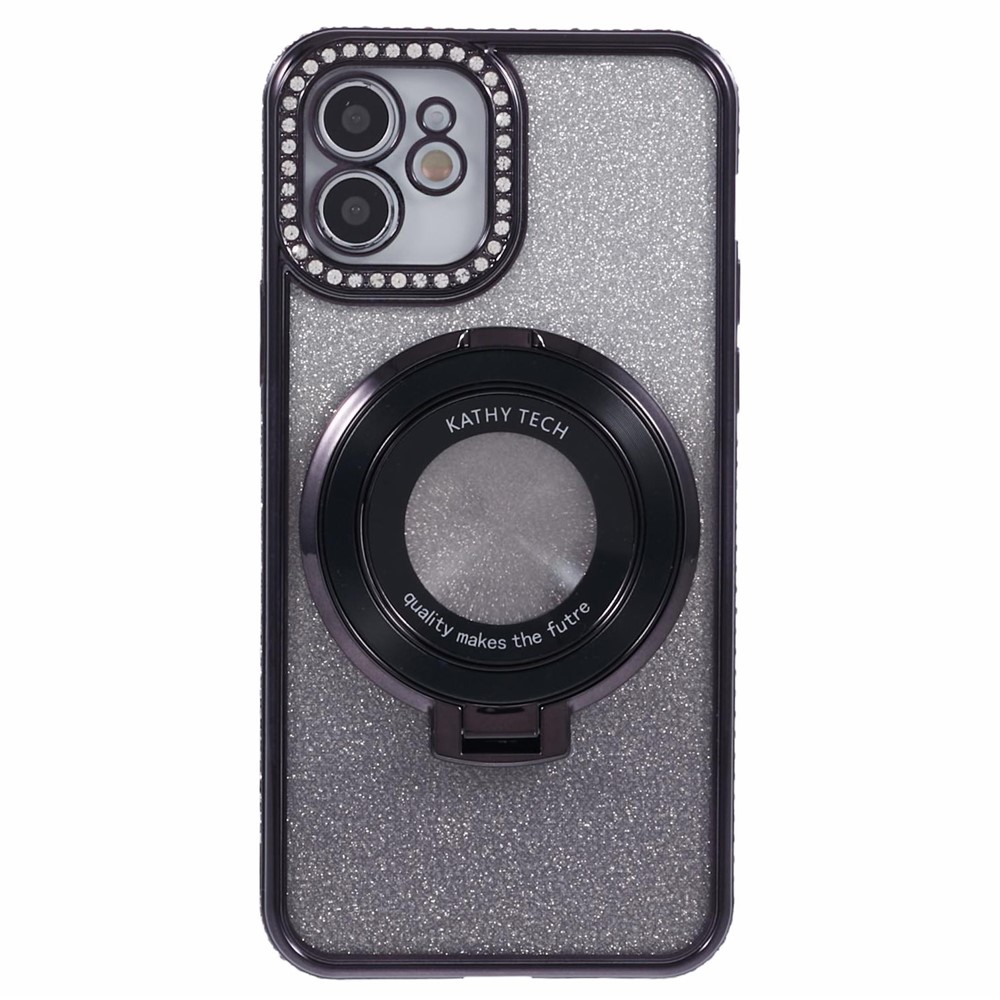 For iPhone 12 TPU Case Gradient Rhinestone Ornament Back Phone Cover with Kickstand - Black