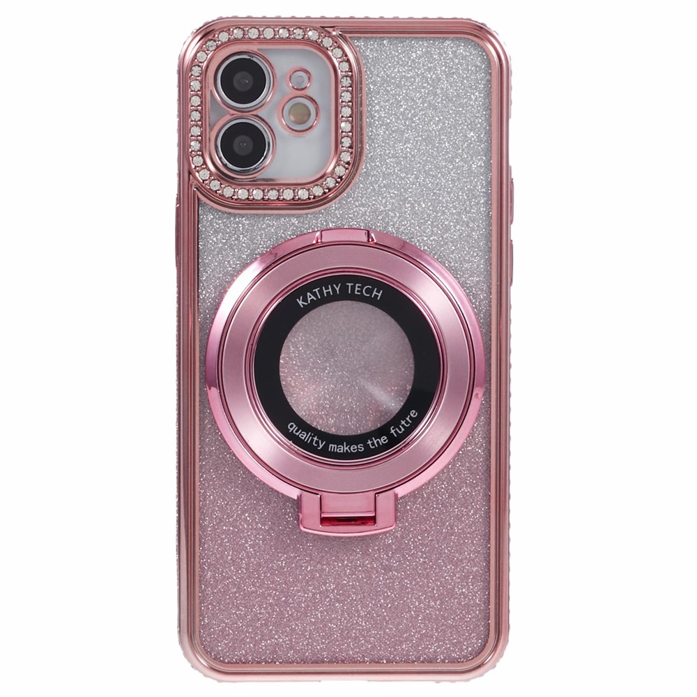For iPhone 12 TPU Case Gradient Rhinestone Ornament Back Phone Cover with Kickstand  - Rose Gold