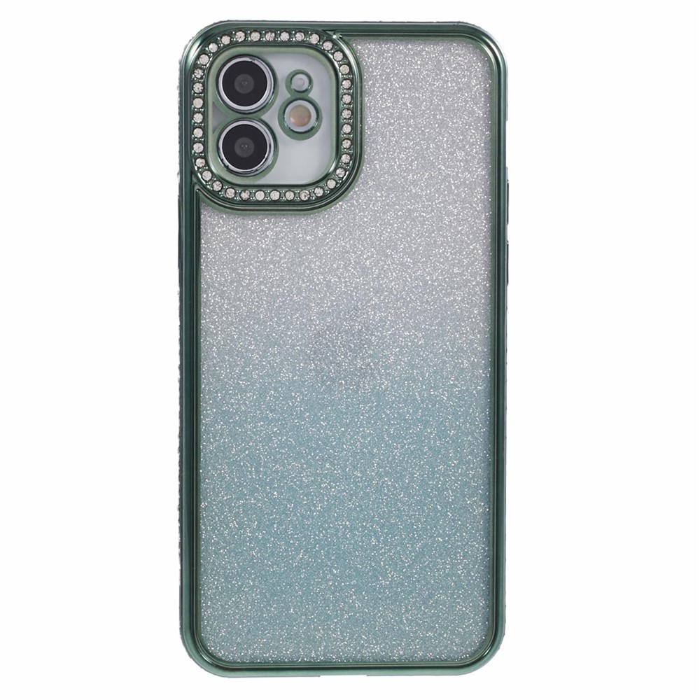 For iPhone 12 Case Scratch-Proof TPU Rhinestone Decor Gradient Phone Shell - Midnight Green