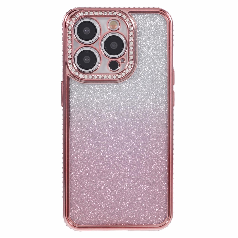 For iPhone 13 Pro Max 6.7 inch TPU Case Rhinestones Decorated Gradient Back Phone Cover - Rose Gold
