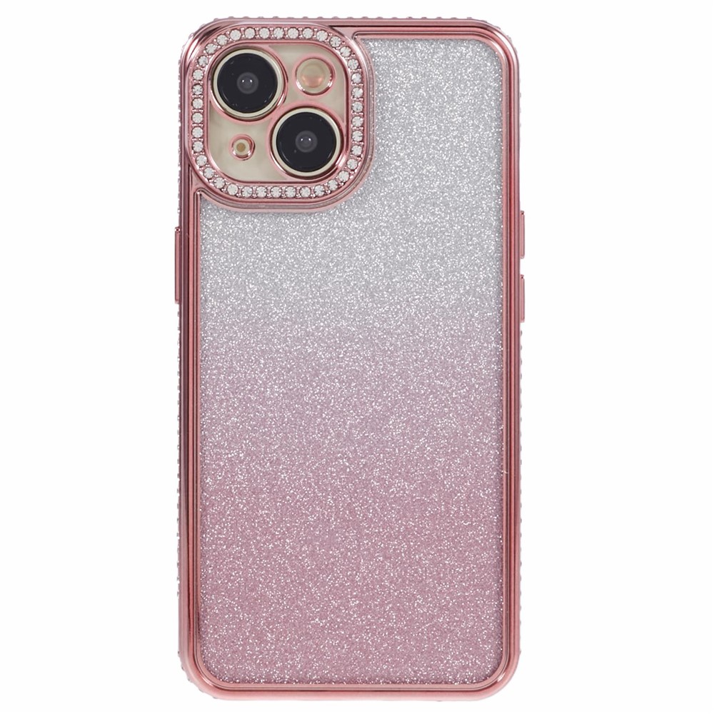 For iPhone 15 Plus TPU Case Shiny Rhinestone Gradient Glitter Phone Back Cover - Rose Gold