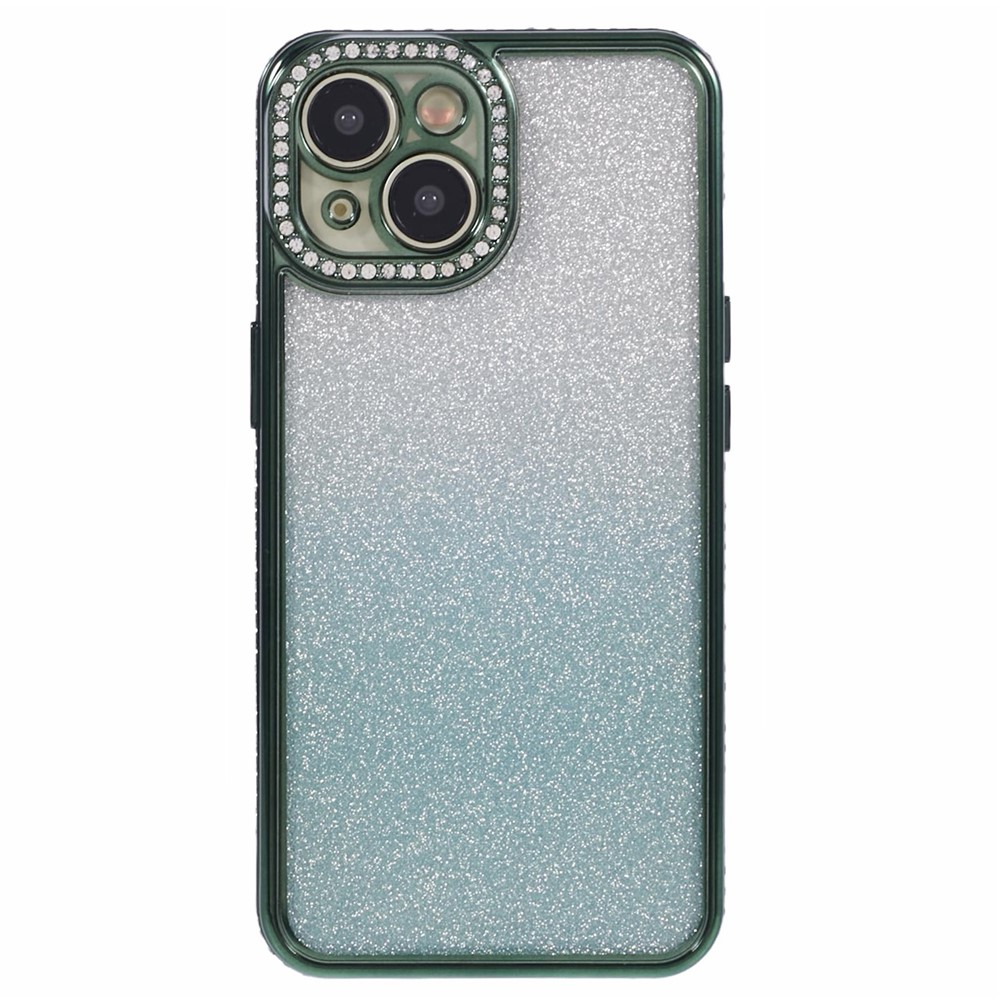 For iPhone 15 Plus TPU Case Shiny Rhinestone Gradient Glitter Phone Back Cover - Midnight Green