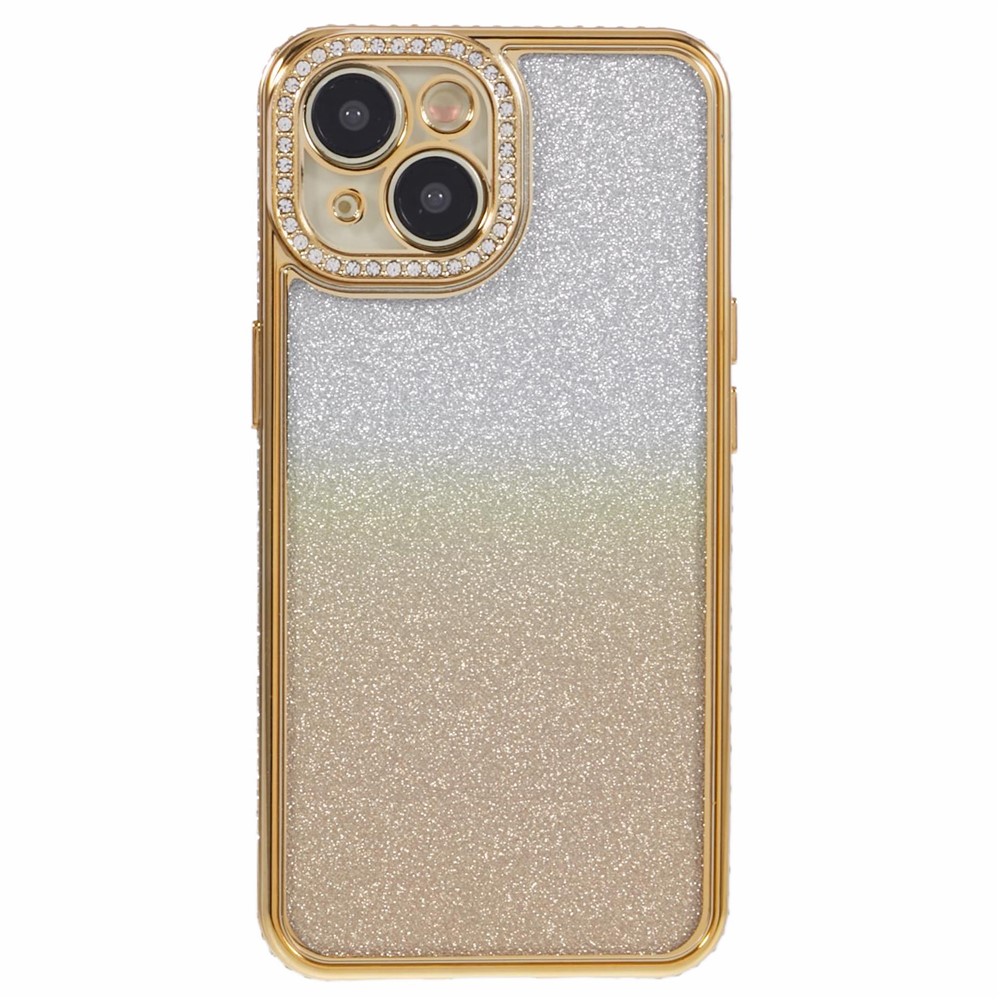 For iPhone 15 Plus TPU Case Shiny Rhinestone Gradient Glitter Phone Back Cover - Gold