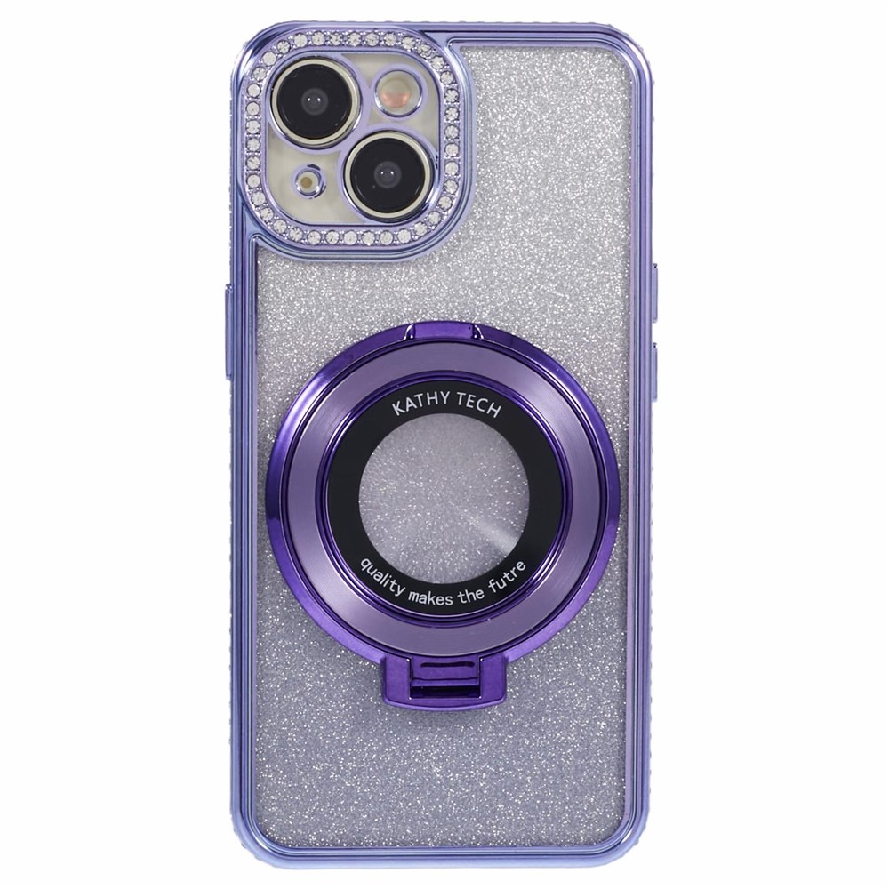 For iPhone 15 Plus Gradient Case Kickstand Shiny Rhinestone Decor TPU Phone Cover - Dark Purple