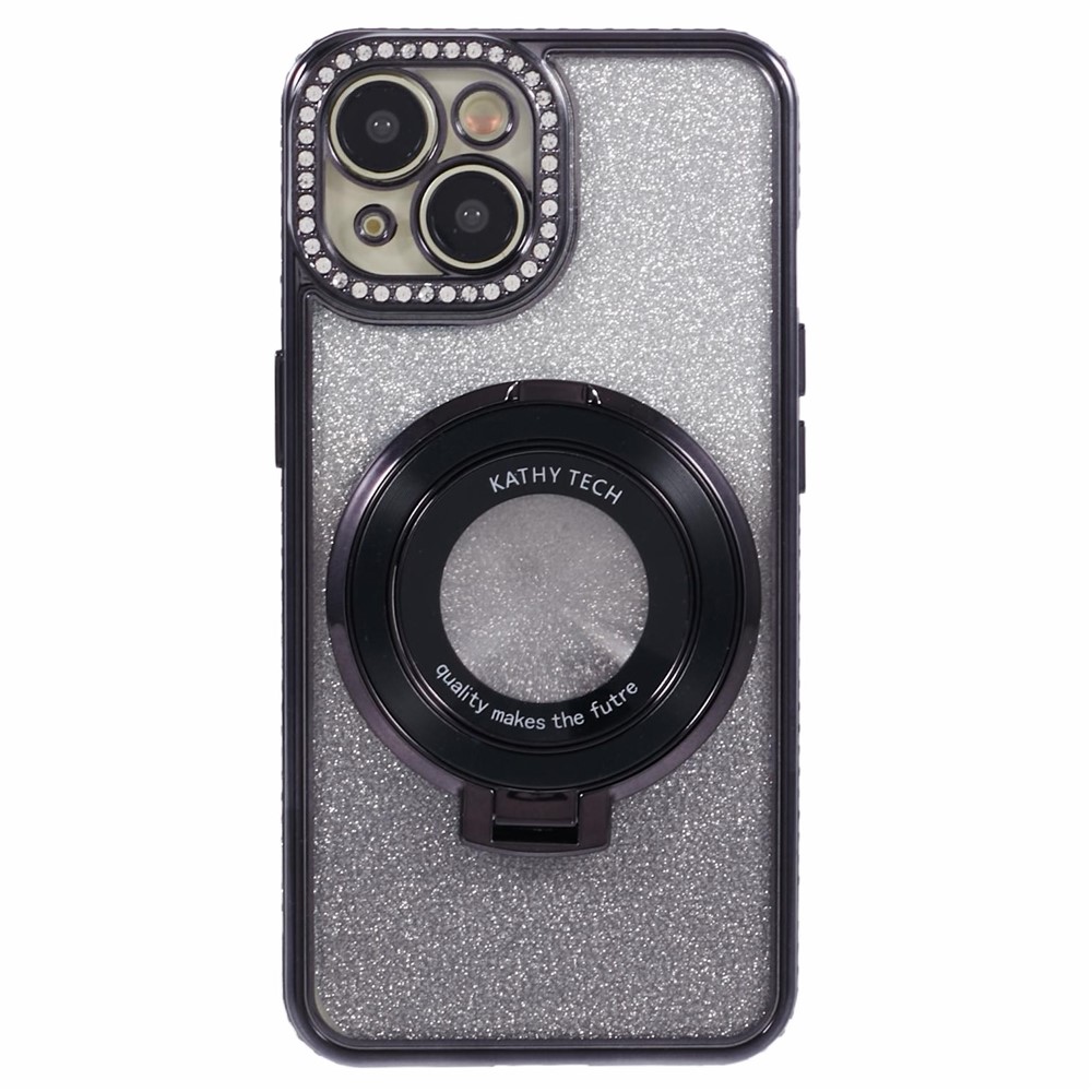 For iPhone 14 Plus TPU Case Gradient Design Kickstand Phone Cover with Rhinestone Ornament - Black