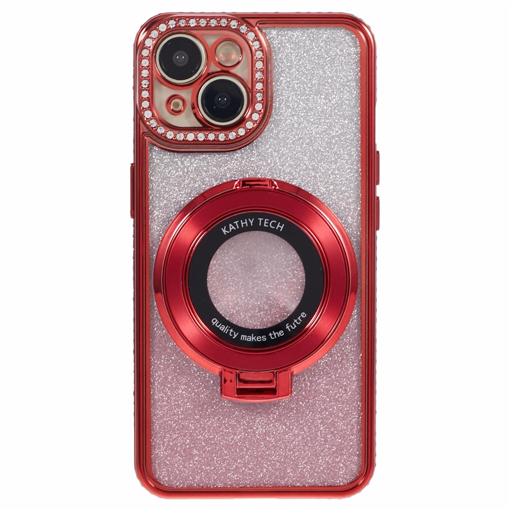 For iPhone 14 Plus TPU Case Gradient Design Kickstand Phone Cover with Rhinestone Ornament - Red