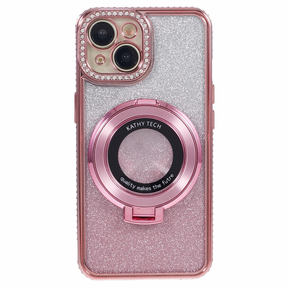 For iPhone 14 Plus TPU Case Gradient Design Kickstand Phone Cover with Rhinestone Ornament - Rose Gold