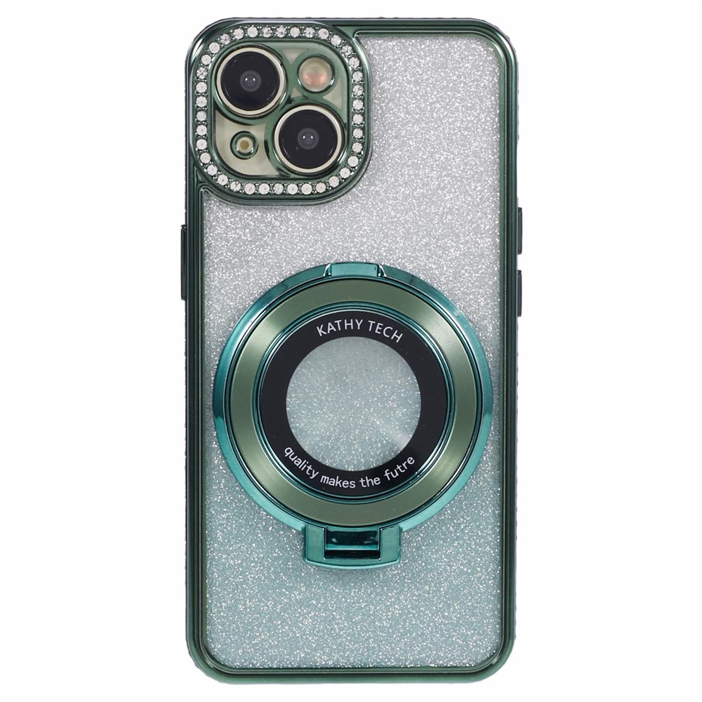 For iPhone 14 Plus TPU Case Gradient Design Kickstand Phone Cover with Rhinestone Ornament - Midnight Green