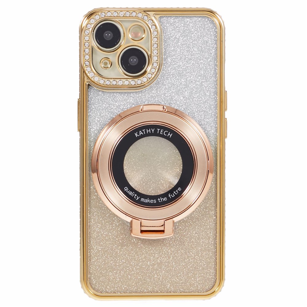 For iPhone 14 Plus TPU Case Gradient Design Kickstand Phone Cover with Rhinestone Ornament - Gold