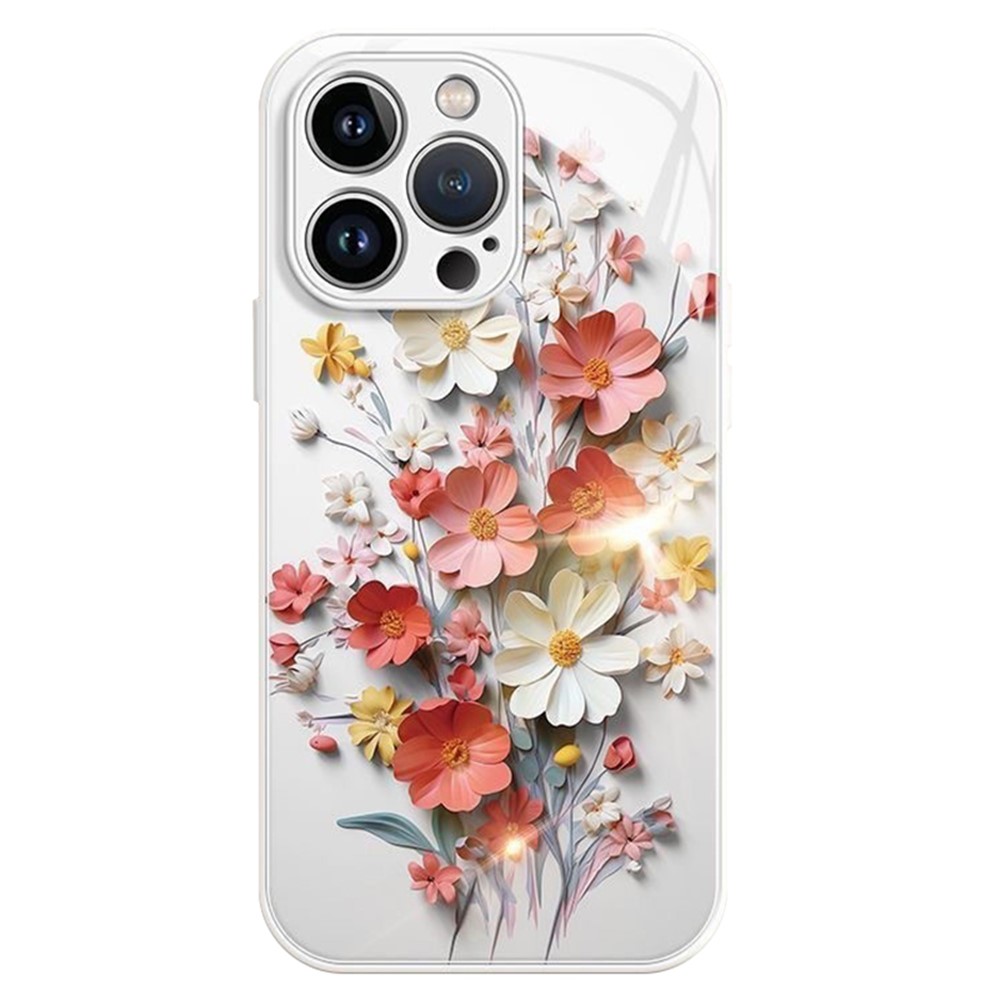 For iPhone 12 Pro Flower Case Tempered Glass Back TPU Frame Phone Cover - White