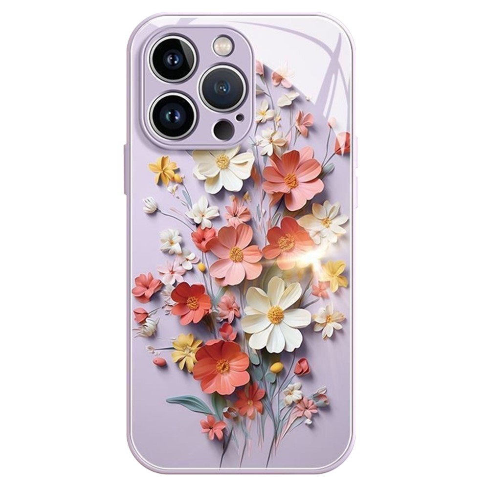 For iPhone 13 Pro Max Case Flower Pattern Printing Tempered Glass TPU Phone Case Wholesale - Purple