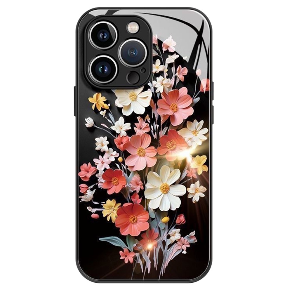 For iPhone 13 Pro Max Case Flower Pattern Printing Tempered Glass TPU Phone Case Wholesale - Black