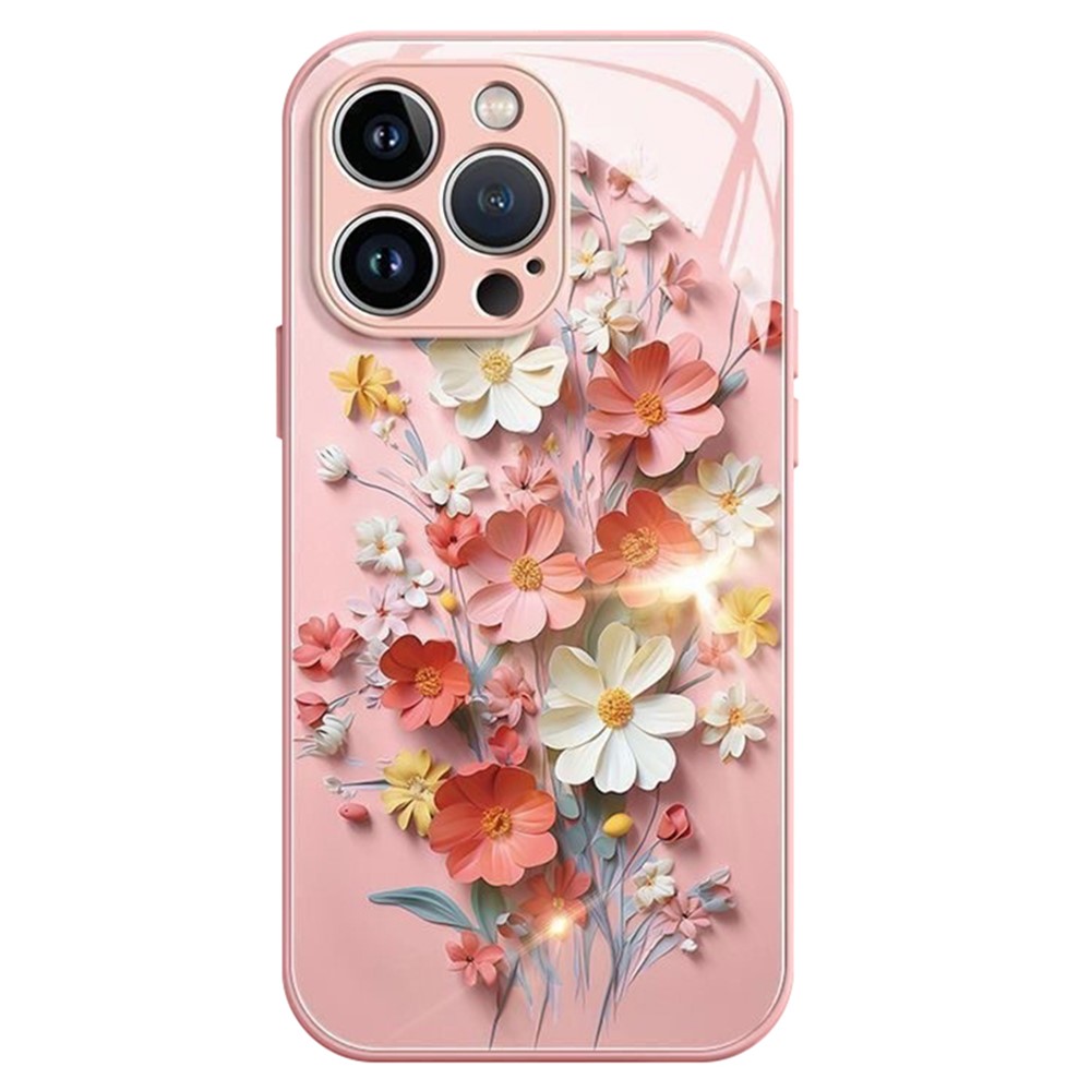 For iPhone 13 Pro 6.1 inch Case Shockproof Tempered Glass+TPU Bouquet Design Cell Phone Cover - Pink