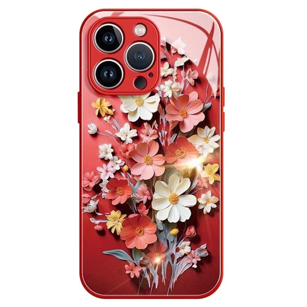 For iPhone 13 Pro 6.1 inch Case Shockproof Tempered Glass+TPU Bouquet Design Cell Phone Cover - Red