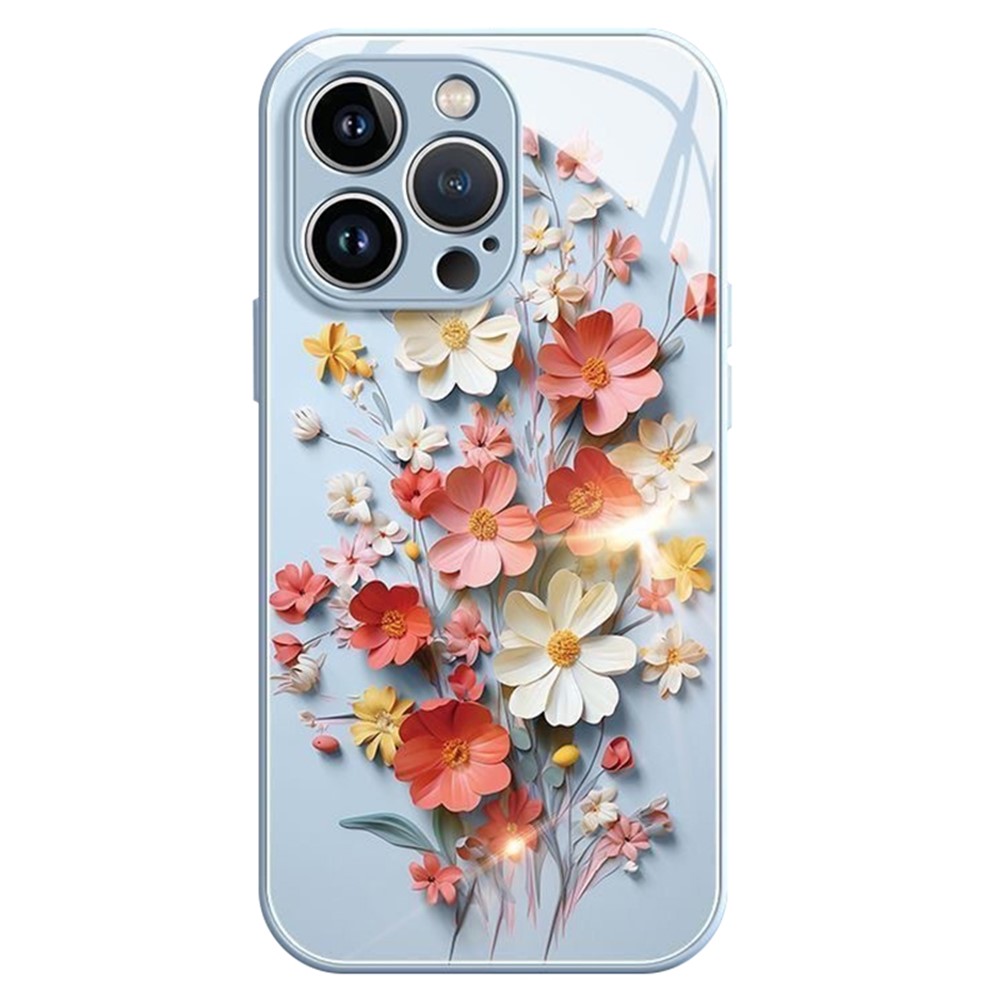 For iPhone 13 Pro 6.1 inch Case Shockproof Tempered Glass+TPU Bouquet Design Cell Phone Cover - Blue