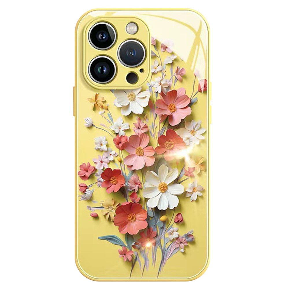 For iPhone 13 Pro 6.1 inch Case Shockproof Tempered Glass+TPU Bouquet Design Cell Phone Cover - Yellow